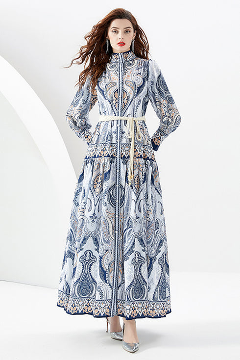 You Spin Me Around Fall Vintage Blue Paisley Pattern Stand Collar, Puff Long Sleeve Party, Festive Flowy Maxi Dress
